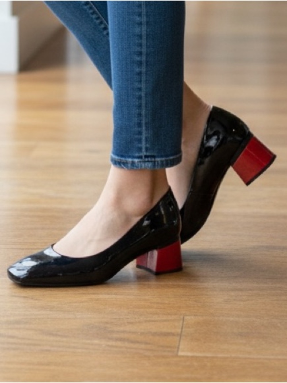 Black Patent Mid Block Heel Pumps with Red Heel Accent